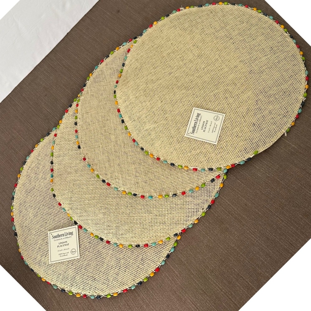 Southern Living Lindos Placemats Set of 4 Natural Woven Beaded 15in Round NEW